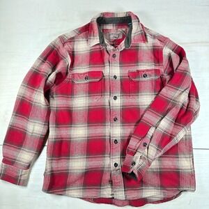 Orvis Heavy‎ Flannel Shirt Jacket Pockets Plaid Red Tan Mens M Button